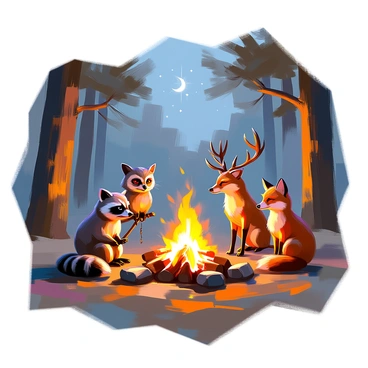 A group of forest animals gathered around a campfire at night, illuminated by the warm glow of the flames. In the foreground, a curious raccoon with a bushy tail and black markings on its face is sitting on its haunches, peering into the fire. Beside it, a wise owl with large, round eyes is perched on a low branch, observing the scene. A playful fox with a bushy tail sits attentively, its ears perked up, while a deer with large antlers stands nearby, watching calmly. The background features tall, dark trees silhouetted against the starry night sky, creating a peaceful woodland atmosphere.