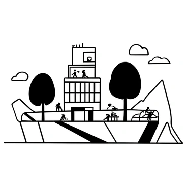 A city built on large, floating icebergs, featuring sleek, modern architecture with glass facades and sharp angles. Buildings are interconnected by walkways made of transparent materials. People are seen walking along the walkways, engaging in various activities such as shopping and dining. Large trees are placed strategically on the icebergs, providing greenery amid the icy landscape. In the background, a clear sky with a few scattered clouds adds to the scene.