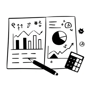 A black-and-white illustration of an open report on a table. The report features multiple graphs with varying line patterns representing market trends. There are bar charts displayed next to pie charts, all filled with intricate details. Stock imagery elements are scattered throughout the report, including icons of upward arrows and dollar signs. A pen is placed next to the report, and there is a calculator nearby, highlighting an analytical atmosphere.