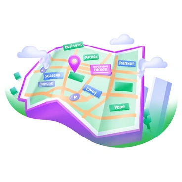 A colorful map displaying various streets and landmarks. Highlighted on the map are local businesses, each marked with a bright pin and corresponding label. The pins come in different colors, such as red, blue, and green, to represent various types of businesses. The labels are clear and easy to read, providing names and types of each business. Surrounding the map are decorative elements, such as small trees and buildings, adding to the overall vibrant atmosphere.