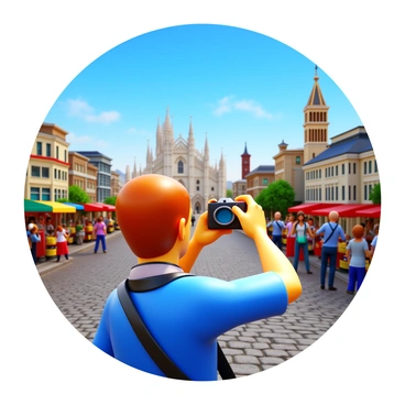 A tourist with a camera slung around their neck is taking photographs of "famous landmarks" in a "foreign city." The scene includes a vibrant cityscape with well-known buildings such as "a grand cathedral" and "a tall, ornate tower." The tourist has an excited expression on their face as they frame their shot. Around them, other tourists can be seen also capturing memories. Street vendors with colorful merchandise line the cobblestone streets, adding to the lively atmosphere. Clear blue skies overhead create a bright and welcoming environment.