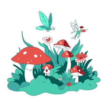 A whimsical fairy garden set with tiny houses made of mushrooms and fairies fluttering about