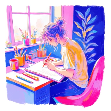 A side portrait of an illustrator diligently working at their desk. The illustrator has curly hair tied back and is wearing a casual graphic t-shirt. They are focused on sketching in a large sketchbook with pencils scattered around. The desk is cluttered with art supplies, including markers, brushes, and a coffee mug. A small plant sits in the corner of the desk, while a window in the background lets in natural light.