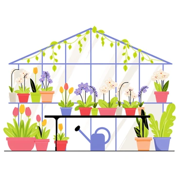 A lush greenhouse filled with a variety of springtime plants and flowers. The greenhouse has large glass panels with sunlight streaming in, illuminating the vibrant colors of the plants. There are several pots containing colorful tulips, daffodils, and hyacinths arranged along the shelves. In the center, a large table holds a collection of potted orchids in different shades of purple and white. Vines with green leaves are hanging from the ceiling, adding to the natural ambiance. A small watering can sits on the table next to the flowers, ready for use.