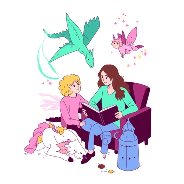 An adult with long brown hair is sitting in a cozy armchair, holding an open storybook. They are wearing comfortable clothing and have a warm expression as they read. Beside them, a child with curly blonde hair is sitting cross-legged on the floor, looking up with wide eyes, completely engrossed in the tale. Surrounding them are several imagined characters from the story, vividly depicted as a teal dragon soaring above and a pink fairy fluttering around, casting sparkling lights in the air. On the floor, a white unicorn gently nuzzles the child, while a blue knight stands guard nearby, creating a whimsical atmosphere filled with the joy of storytelling.