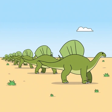 A herd of spinosauri, each featuring a long, slender body with scaly green skin, migrates across a vast, open plain. Their large sail-like structures on their backs are prominently displayed, catching the sunlight. The creatures are seen in various poses, some with their heads raised, surveying the area, while others are in mid-stride, showcasing their strong legs and clawed feet. The plain is dotted with tufts of tall grass and small bushes, creating a sense of depth in the landscape. Above them, a clear blue sky stretches wide, with a few fluffy white clouds drifting peacefully.
