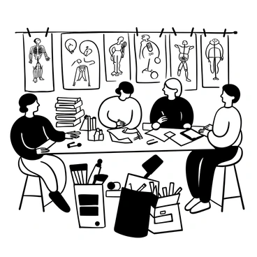 A group of medical illustrators gathered around a large table covered with various sketches and anatomical drawings. Each illustrator is using different tools, such as brushes, pencils, and digital tablets. There are several stacks of reference books and a variety of art supplies organized in neat containers. The room is filled with artworks pinned to the walls, showcasing detailed illustrations of human anatomy and medical procedures. One illustrator is demonstrating a technique to another, while the rest are focused on their own work. The atmosphere reflects a sense of active collaboration and creativity.