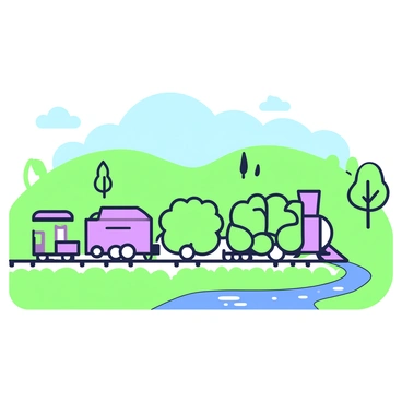 A train composed of broccoli florets is moving along a winding track through a countryside landscape. The train features multiple cars, each shaped from different sizes of broccoli, connected in a line. In the background, rolling hills covered in green grass create a vibrant scene. There are a few trees scattered throughout the landscape, and a clear blue sky above, dotted with fluffy clouds. Alongside the track, a small stream flows gently, reflecting the surrounding greenery.