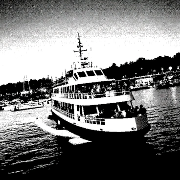 A ferry boat is crossing a busy harbor, with numerous passengers visible on deck. The boat has a white hull and a prominent bow. The harbor is filled with various boats, including smaller vessels and yachts, all anchored or moving. The scene is set at twilight, with a gradient of light fading in the sky. Silhouettes of buildings line the harbor's edge, and scattered lights from structures and boats reflect on the water. The atmosphere is dynamic, with people engaged in conversation and enjoying the ride on the ferry.