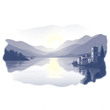 A view of Lake Como during sunset. The lake's surface reflects various shapes and patterns created by the fading light. The surrounding landscape features gentle hills and quaint villages with silhouetted outlines against the sky. The sky showcases a gradient of shades transitioning from light to dark, creating a harmonious atmosphere. The water is still, with subtle ripples enhancing the reflections.