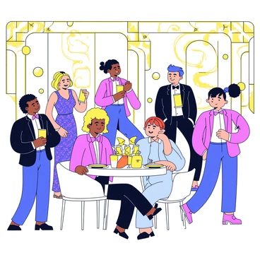 A glamorous party scene set in an art deco style. Elegant guests dressed in formal attire are mingling throughout the room. The women wear long, flowing dresses adorned with sequins, while the men are in sharp suits with bowties. Geometric designs are prominent in the decor, with bold shapes and lines in the background. Golden accents are featured in the furnishings and lighting, creating a sophisticated atmosphere. Tables are set with elaborate centerpieces that reflect the art deco theme. The guests are engaged in lively conversation, adding to the vibrant energy of the scene.