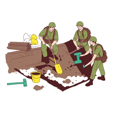 A group of soldiers is working diligently to repair and reinforce the walls of their trench. One soldier is using a large yellow shovel to scoop dirt and mud, while another soldier is holding a teal pickaxe, striking the ground to break up tough soil. There are wooden planks and sandbags stacked nearby, ready to be used for fortification. The soldiers are wearing camouflage uniforms, with focused expressions as they collaborate on this important task. A few tools are scattered around, including a teal hammer and a yellow bucket, adding to the scene of hard work and teamwork.