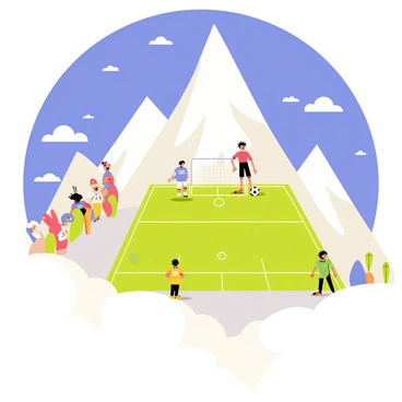 A mountain peak towers into the sky, surrounded by a blanket of fluffy white clouds that fill the valley below. At the summit, a green playing field stretches out, marked with bright white lines. A group of cartoon-style characters stands ready to kick off, wearing colorful jerseys with numbers. One character, a tall figure with spiky hair, prepares to kick a large, round soccer ball. Nearby, an excited crowd of small, cartoon animals, including rabbits and squirrels, watches eagerly from the edge of the mountain, cheering with enthusiasm. The sky above is a vibrant blue, dotted with a few wispy clouds, creating an energetic atmosphere for this unique scene.
