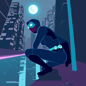 A superhero dressed in a sleek, form-fitting black suit with a hood and mask is stealthily patrolling a dimly lit city street at night. The suit is adorned with glowing blue accents that highlight the contours of the hero's physique. The superhero is crouched low, preparing to move, with one hand resting on a nearby wall while the other hovers near a utility belt filled with high-tech gadgets. Tall city buildings loom in the background, their windows dark, with a few flickering neon signs casting colorful reflections on the wet pavement below. The night sky is clouded, allowing only a faint glow of the moonlight to illuminate the scene, creating an atmosphere of secrecy and vigilance.