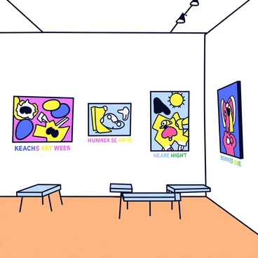 A humorous art gallery interior with white walls. The walls are adorned with a variety of outrageously abstract and vividly colored paintings, featuring unconventional shapes and chaotic patterns. Some paintings display clashing colors and bizarre figures that evoke a sense of whimsy. There are playful labels beneath each artwork, written in colorful fonts, adding to the comedic atmosphere. The floor is polished wood, and a few minimalist benches are scattered throughout the space for visitors to sit and enjoy the peculiar art.