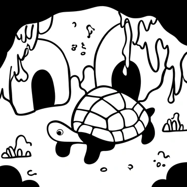 A turtle with a textured shell moving cautiously across the uneven floor of an ancient cave. The cave is filled with strange rock formations, including towering stalagmites and intricately shaped stalactites hanging from the ceiling. Shadows are cast dramatically around the turtle, emphasizing the rugged textures of the rocks. Some formations resemble mythical creatures, adding to the sense of mystery. The turtle is surrounded by small pebbles and patches of ground that show signs of moss growth, enhancing the prehistoric atmosphere of the setting.