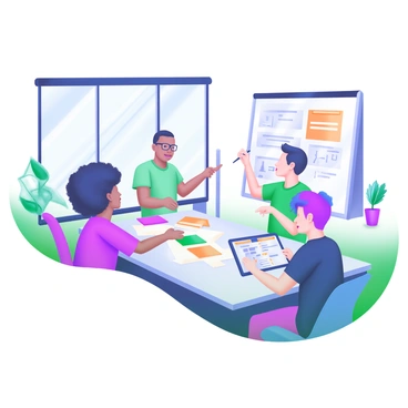 A modern pastel illustration depicting a creative team gathered around a large conference table in a meeting room. The team consists of diverse individuals, including a woman with curly hair, a man with glasses, and a person with dyed blue hair. They are engaged in brainstorming, with colorful sticky notes scattered across the table and a whiteboard filled with sketches and ideas in the background. One team member is pointing at the whiteboard, while another is taking notes on a tablet. A large window lets in natural light, illuminating the room filled with plants and design materials.