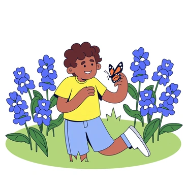 A joyful child with curly brown hair is playing among tall bluebonnets, which are blooming in vibrant shades of blue. The child is wearing a bright yellow t-shirt and denim shorts, and is kneeling down to gently hold a colorful butterfly in their hand. The butterfly has orange and black wings, and is perched delicately, while the child looks at it with wide, excited eyes. The sun is shining, casting soft shadows on the green grass surrounding the flowers.