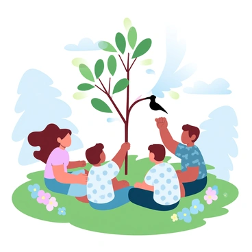 A group of children is sitting on the grass in a park, surrounding a small tree. The children are wearing colorful clothing, with two girls in bright dresses and boys in patterned t-shirts. They are looking up towards the branches of the tree where a nightingale is perched, singing. The scene is filled with lush green grass and blooming flowers in various colors around them. A gentle breeze is causing the leaves to sway slightly, adding movement to the peaceful setting. In the background, there are other trees and a clear blue sky.
