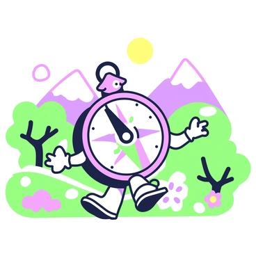 A cartoonish compass character with a round body and a smiling face is walking through a vibrant landscape. The compass features an arrow pointing north prominently displayed on its face. It has arms and legs, giving it a whimsical appearance as it takes cheerful steps. The landscape around it is filled with rolling hills, dotted with whimsical trees, and a bright sun shining above. Colorful flowers with various shapes and sizes are blooming on the ground. In the distance, there are mountains with soft, rounded peaks.