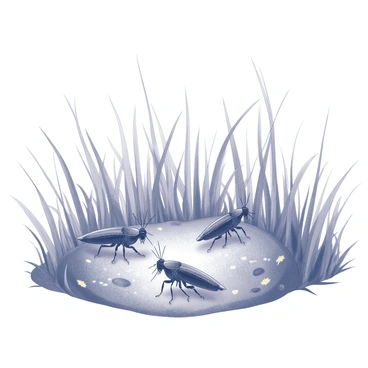 A grassy nook filled with tall blades of grass, gently swaying in the breeze. In the center, several crickets are visible, positioned among the grass. They are actively chirping, creating a rhythmic sound. The surrounding area has scattered wildflowers and a few small pebbles, adding texture to the scene. The crickets are detailed, with prominent legs and antennae, contributing to the lively atmosphere of the nook.
