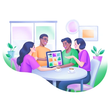 A person sitting at a modern, round table, smiling as they share a photo album displayed on their tablet. The tablet screen shows a grid of colorful photos. Surrounding the person are three friends, leaning in with expressions of joy and curiosity. The setting features soft pastel colors, with a cozy room adorned with plants and abstract art on the walls. A cup of coffee is placed on the table, adding to the warm atmosphere of the gathering.