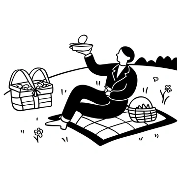 A well-dressed person in a tailored suit sits on a picnic blanket spread out on a grassy hill. The person is elegantly holding a tin of fish with one hand, while the other hand is delicately lifting the lid. A picnic basket filled with various food items is placed nearby, along with a plate ready for serving. There are wildflowers scattered around, and a distant landscape of trees under a clear sky is visible in the background.