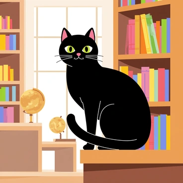 A black cat with shiny fur is perched on a high wooden shelf in a grand library. The library features tall shelves filled with an array of colorful books, some stacked and others standing upright. The cat's green eyes are wide and alert as it surveys its surroundings. A dusty globe and an ornate reading chair are visible in the background, adding to the library's charm. Soft light filters through a large window, casting gentle shadows across the scene.