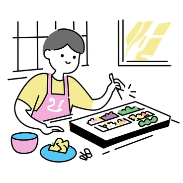 An artist is seated at a table, concentrating on creating a bento box. The bento box is divided into several compartments filled with various foods. Some compartments contain vibrant rice shaped like animals, while others have colorful vegetables neatly arranged. The artist, wearing an apron decorated with food motifs, is using tools like tweezers and cookie cutters to arrange the food meticulously. Brightly colored plates and utensils are scattered around the workspace, adding to the playful atmosphere. The background features a window with sunlight streaming in, illuminating the colorful creations.
