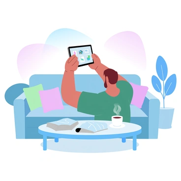 A person is sitting comfortably in a cozy living room, holding a tablet in their hands. The screen of the tablet displays various international products, showcasing vibrant images of items from around the world. Around the person, there are colorful cushions scattered on a sofa and a coffee table with a steaming cup of coffee beside a few open magazines. The background features a soft gradient of pastel colors, adding a warm atmosphere to the scene. A decorative plant sits in the corner, completing the inviting environment.