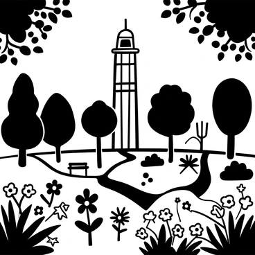 The "Galata Tower" stands prominently in the background, rising above the treetops. In the foreground, a lush green park is filled with an array of "blooming flowers" in various shapes and sizes. There are pathways winding through the park, leading to different sections filled with grass and flowerbeds. Some park benches are scattered around, providing places to sit and admire the scenery. The leaves of the trees cast intricate shadows on the ground, creating a serene atmosphere in the park.