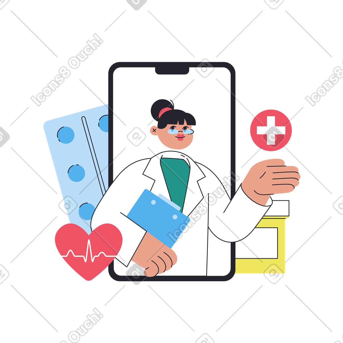 下载 Boba 风格的 Online consultation with doctor via smartphone, Telemedicine and remote diagnosis 插画，支持 PNG、SVG 格式