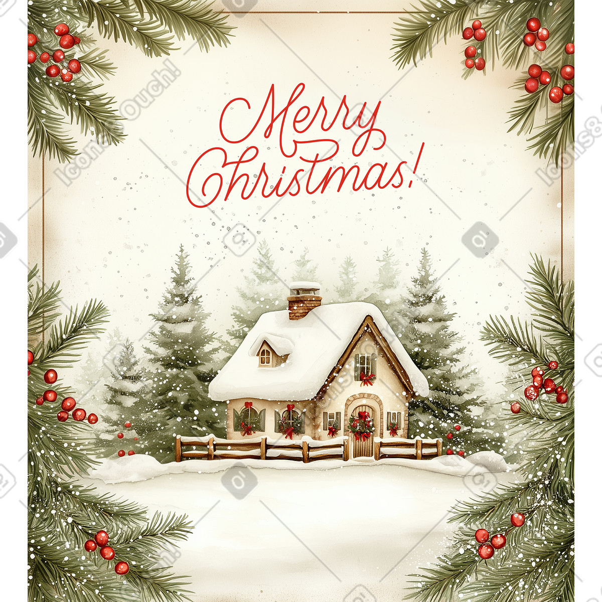 Christmas postcard with cozy house and text Merry illustration in Postcards style download in PNG, SVG