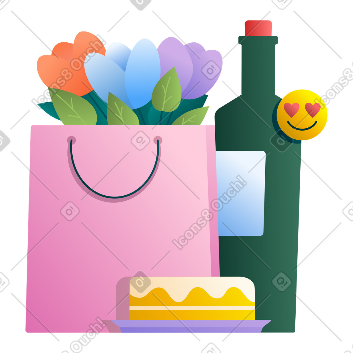 Date essentials with wine, cake and flowers illustration in Silky style download in PNG, SVG