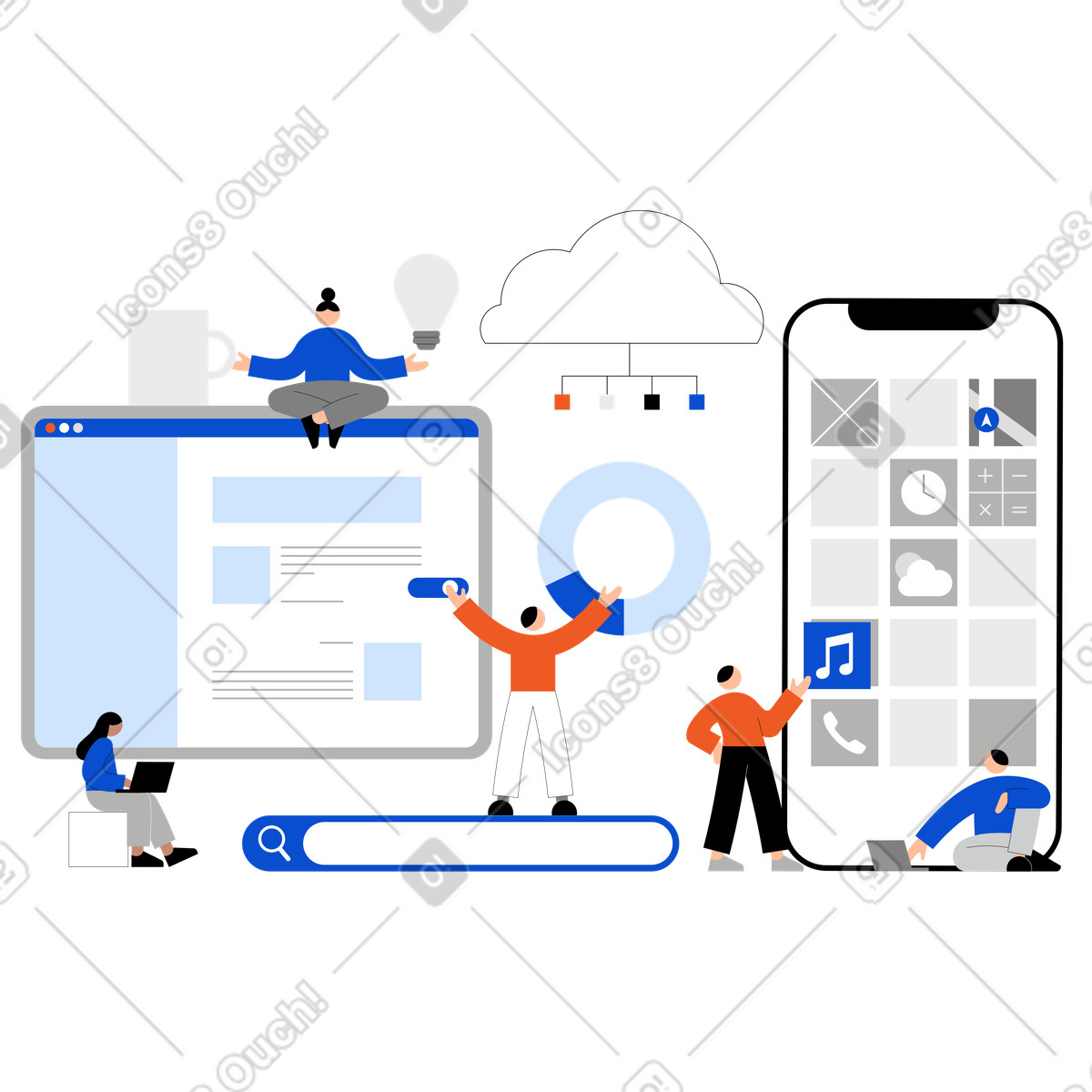 Team collaborating on digital interface, Product development process illustration in Tiny style download in PNG, SVG