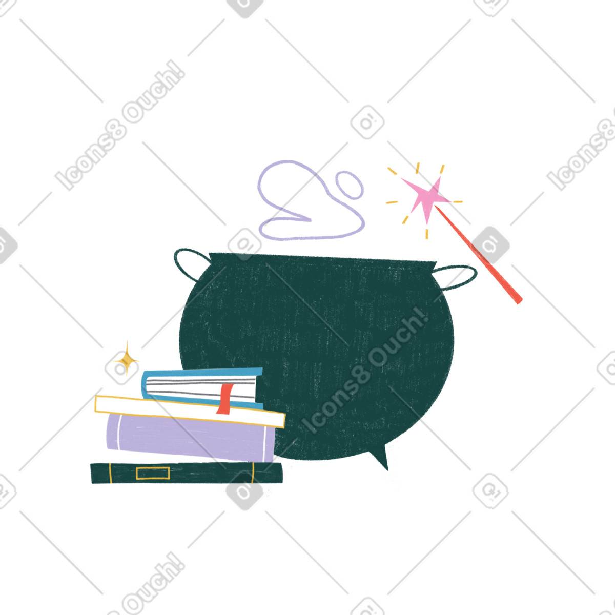 Illustration Chaudron et livres pour enseigner la magie dans le style Tutti à télécharger aux formats PNG, SVG