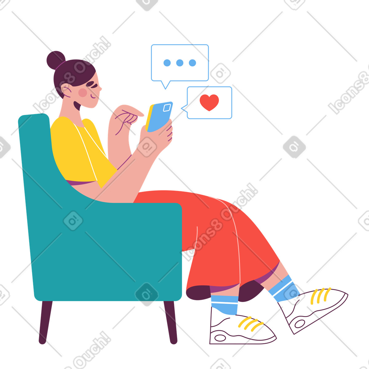 Texting on phone at home, social app use and online chatting illustration in Sammy style download in PNG, SVG