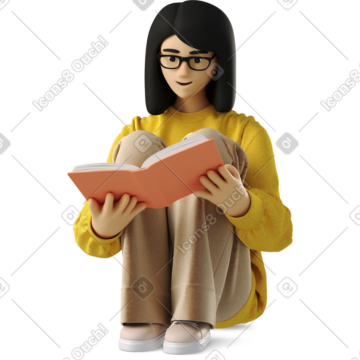 Junge frau in den gläsern, die buch sitzen und lesen-Illustration im 3D Business-Stil als Download PNG, SVG