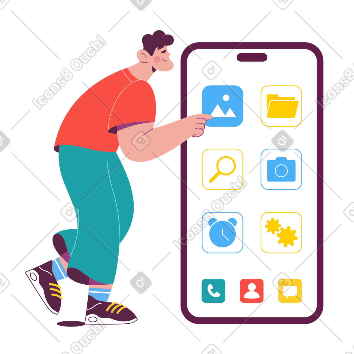Illustration Person interacting with giant phone display, mobile app selection and user experience dans le style Sammy à télécharger aux formats PNG, SVG
