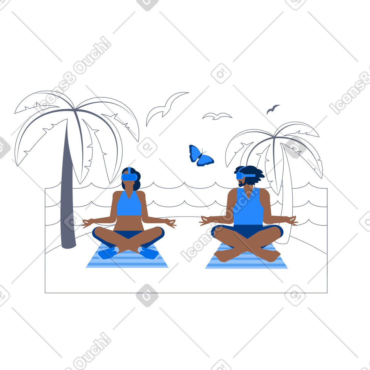 Иллюстрация People meditating with vr headsets under palm trees, Virtual reality wellness and yoga в стиле Urban — скачать в форматах PNG, SVG