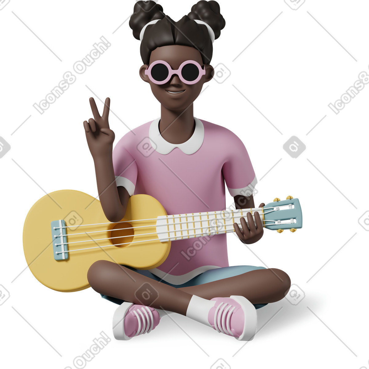 Ilustración Chica con gafas de sol sentada guitarra y mostrando el signo v en estilo 3D Casual life a descargar en PNG SVG