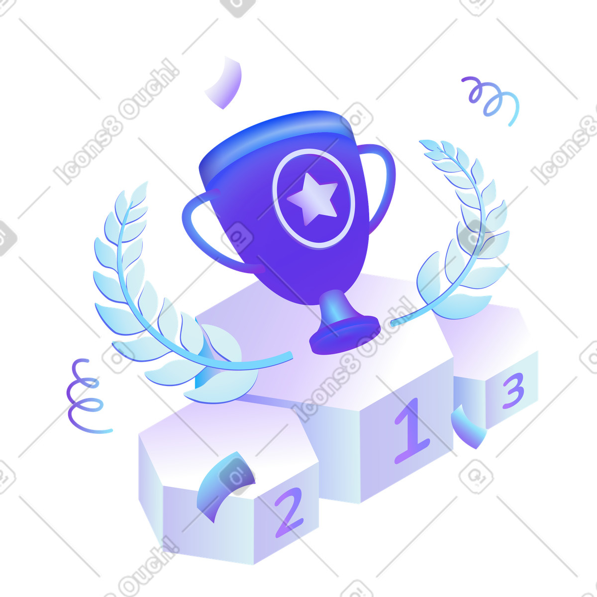Illustration Coupe du vainqueur avec couronne de laurier et podium dans le style Hi-tech à télécharger aux formats PNG, SVG