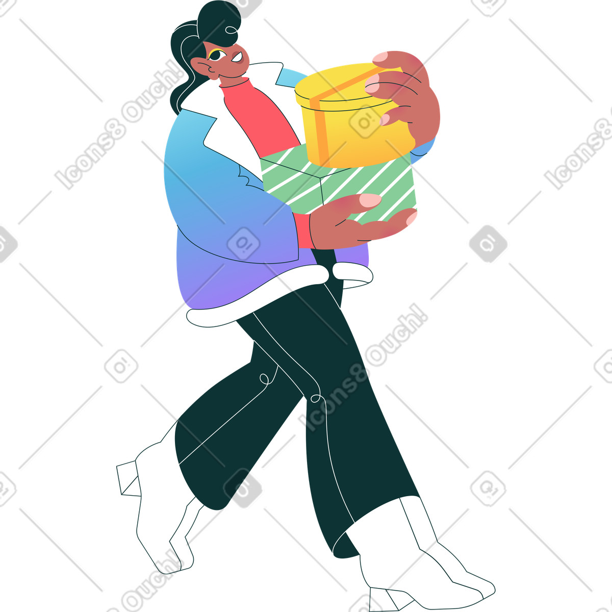 Woman in coat walking with present boxes illustration Florid style download PNG, SVG