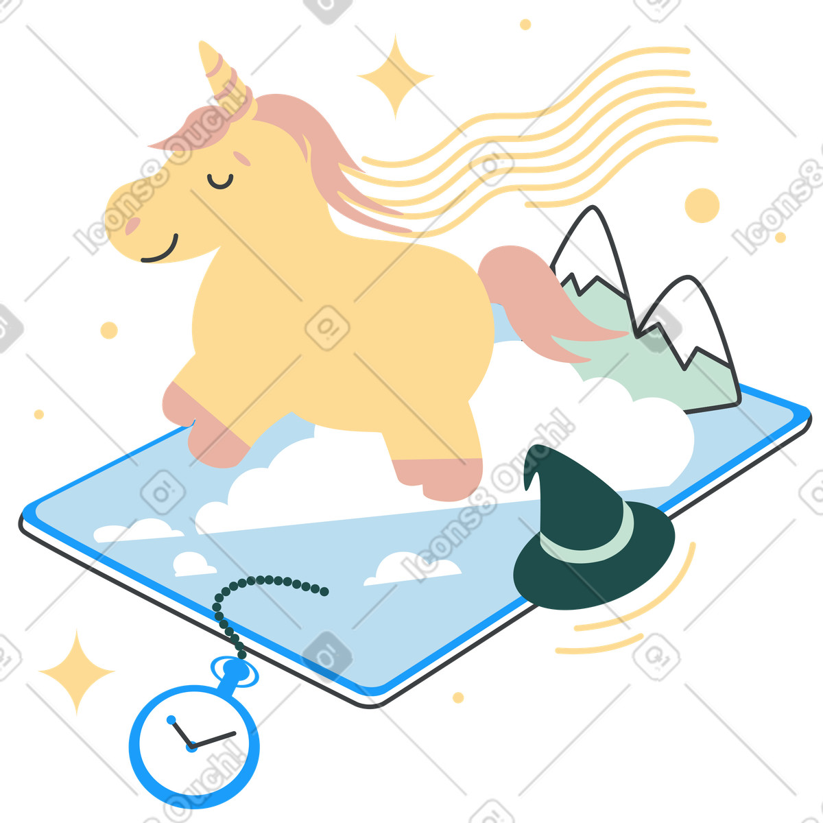 Ilustración Unicornio mágico y tierra de fantasía en ipad estilo Kiddo a descargar PNG SVG