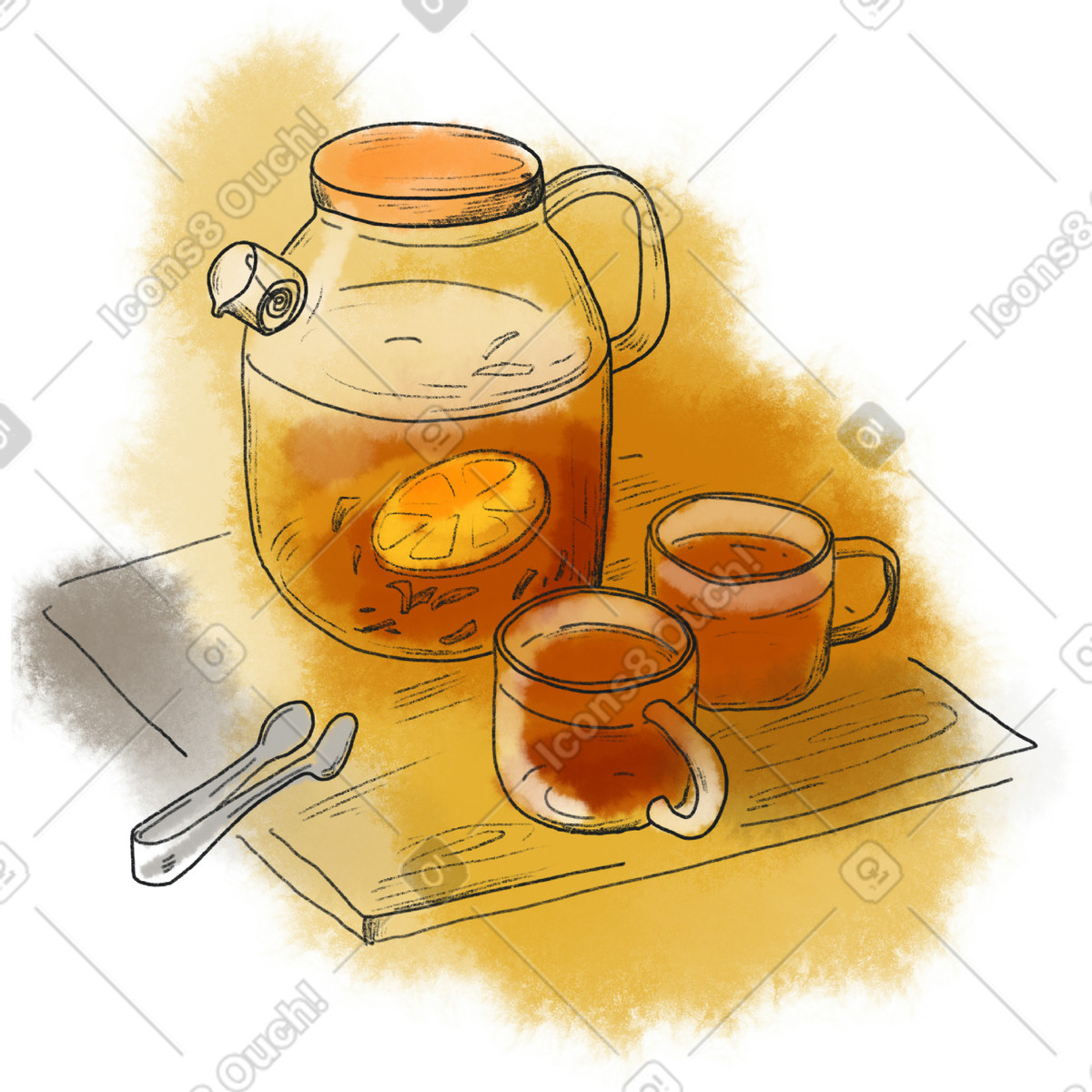 Transparent large teapot with lemon drink and two glass mugs-Illustration im Moments-Stil als Download in PNG, SVG