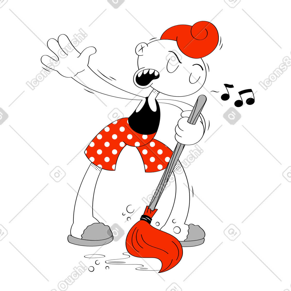 Ragazzo delle pulizie che canta nella scopa e balla illustrazione in stile Looney scarica in PNG, SVG