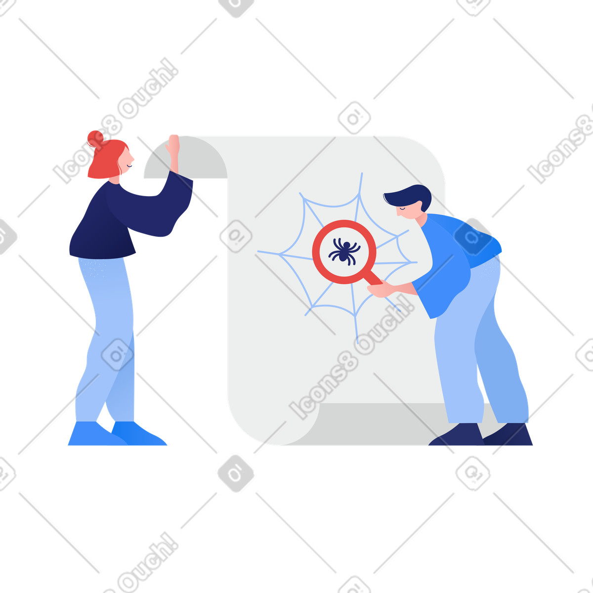 Clip スタイルの 巻物を持った女性と蜘蛛を見つける男 のイラストをPNG、SVG形式でダウンロード