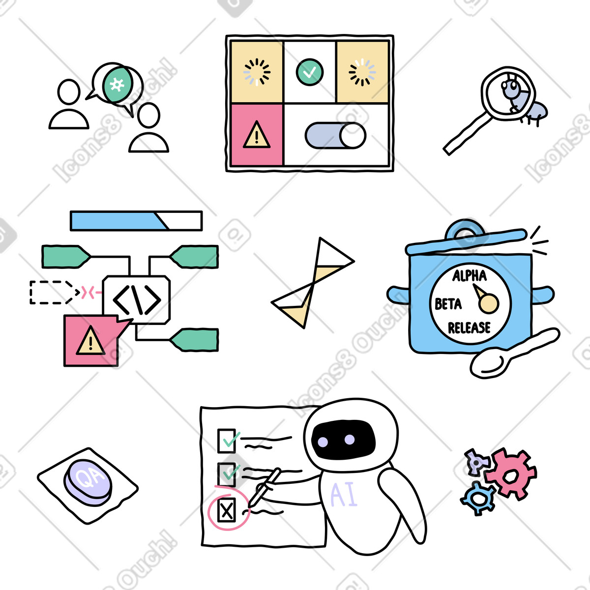 Diverse fasi di test del prodotto illustrazione in stile Notes scarica in PNG, SVG