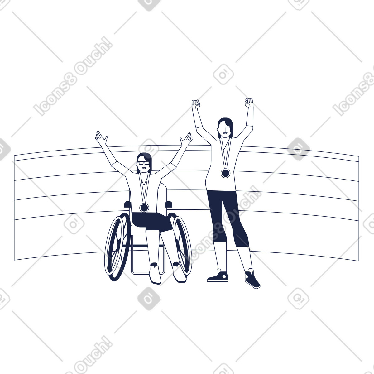 Athletes with medals cheering at paralympics illustration in Urban Line style download in PNG, SVG