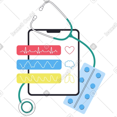 Health check up results on tablet with stethoscope and pills PNG, SVG